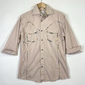 Ace of Diamond USA Shirt Mens Small Beige Plaid Trim Western‎ Rodeo 3/4 Sleeve
